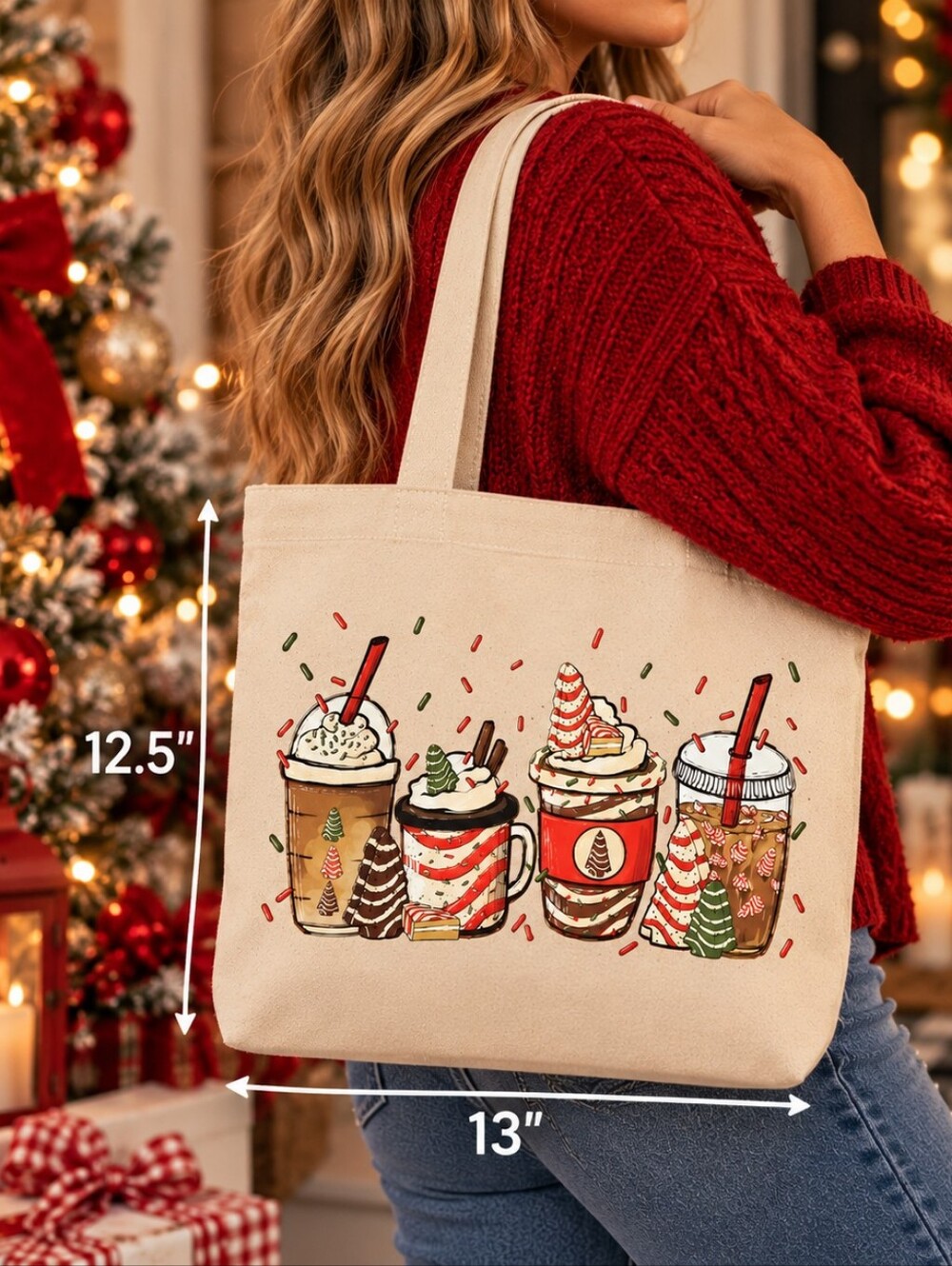 HG Creations Handmade Christmas Coffee Canvas Tote Bag Holiday 13x12.5